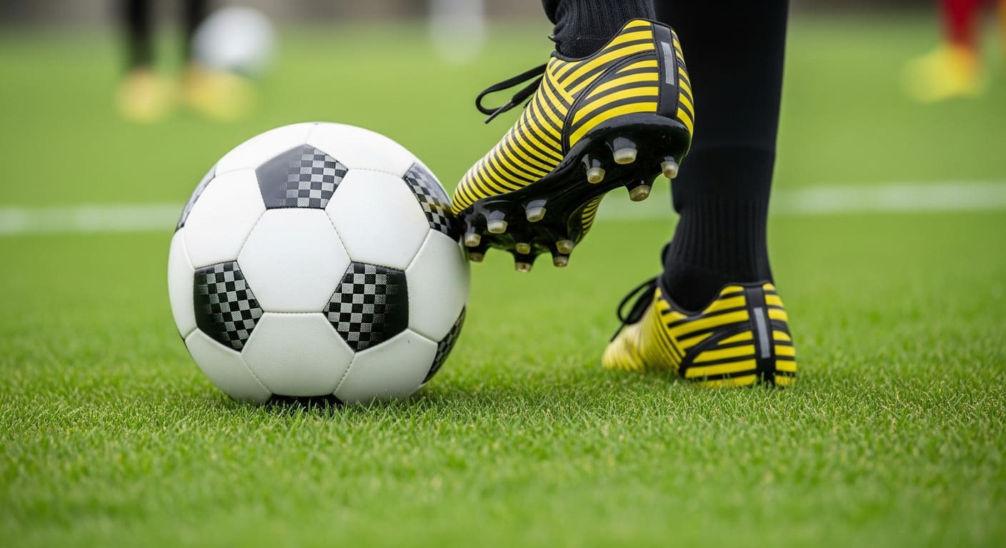 Close-up of a young footballer's foot performing a heel-to-toe ball control drill.