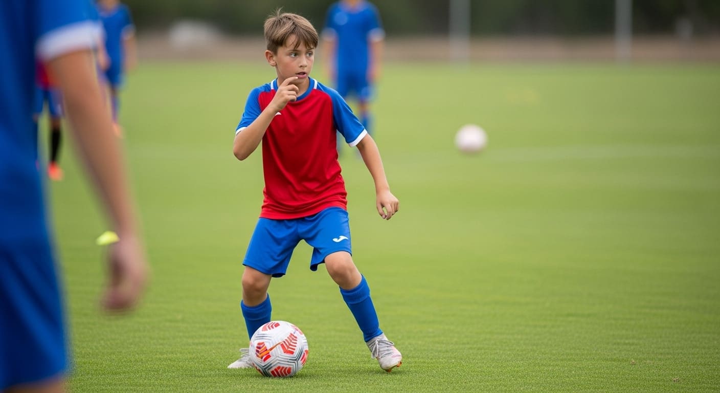 A close-up of a young footballer's feet skilfully controlling the ball during a fast-paced, free-play match.