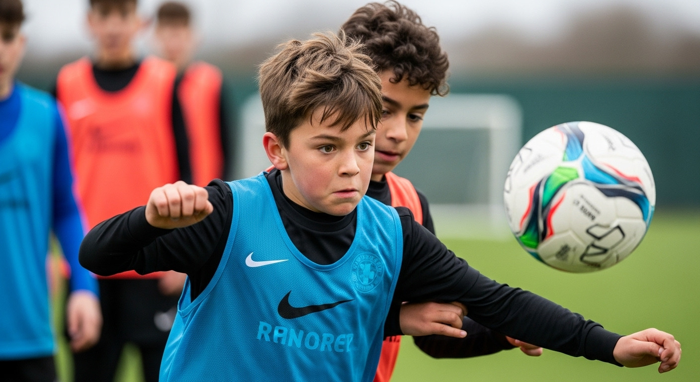 A young player making a quick decision to pass the ball under pressure in a tight 3v3 football drill.