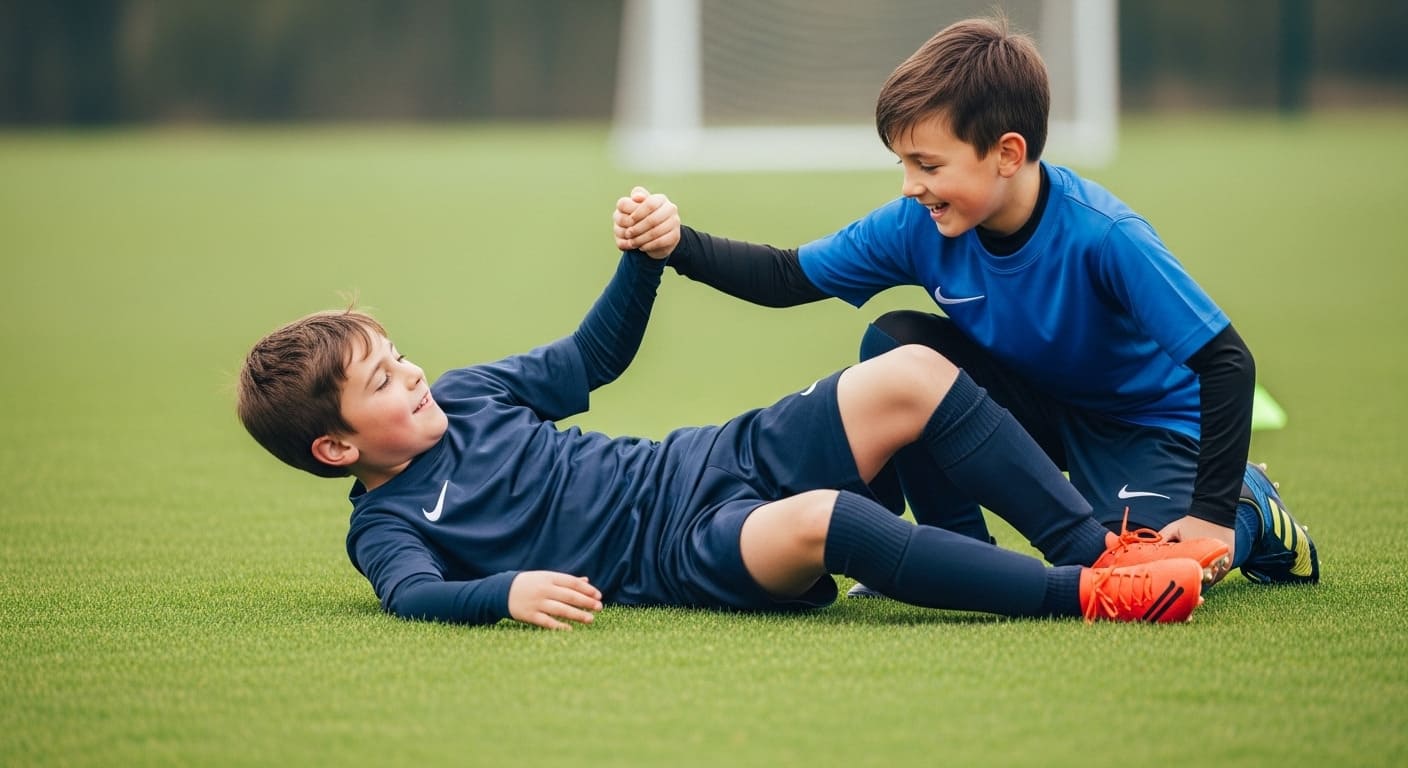 A young football player being helped up from the grass by a smiling teammate, demonstrating resilience through sport.