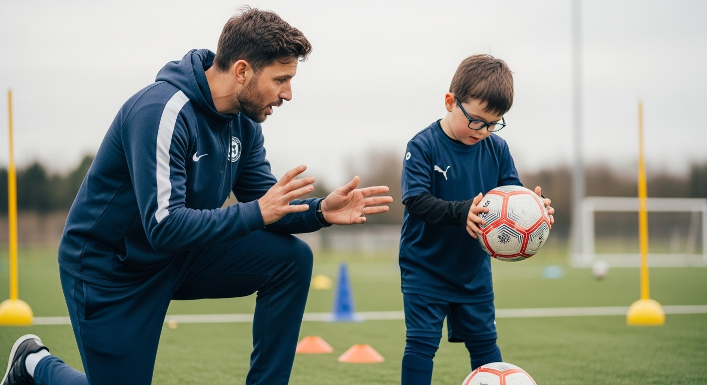 A coach using visual cues to guide a child in a pan-disability football team during an adapted and fun drill.