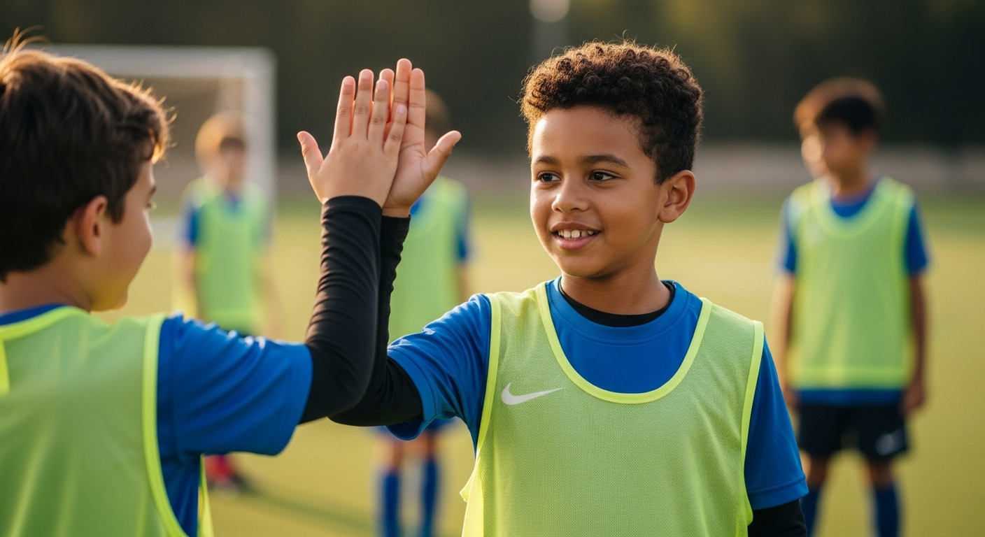 A child giving a teammate a high-five, demonstrating leadership skills by motivating others in youth football.