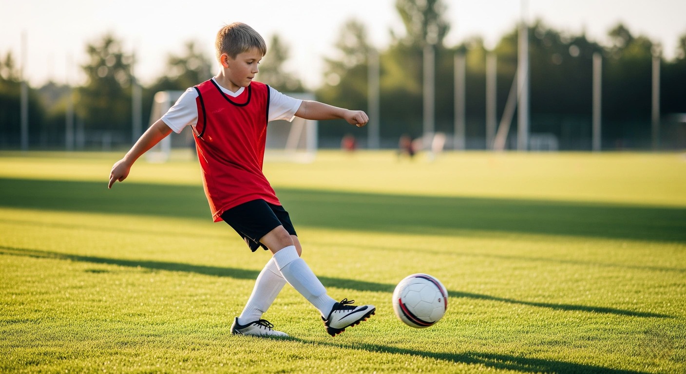 Youth player in a red vest striking a soccer ball during an outdoor training session or match.