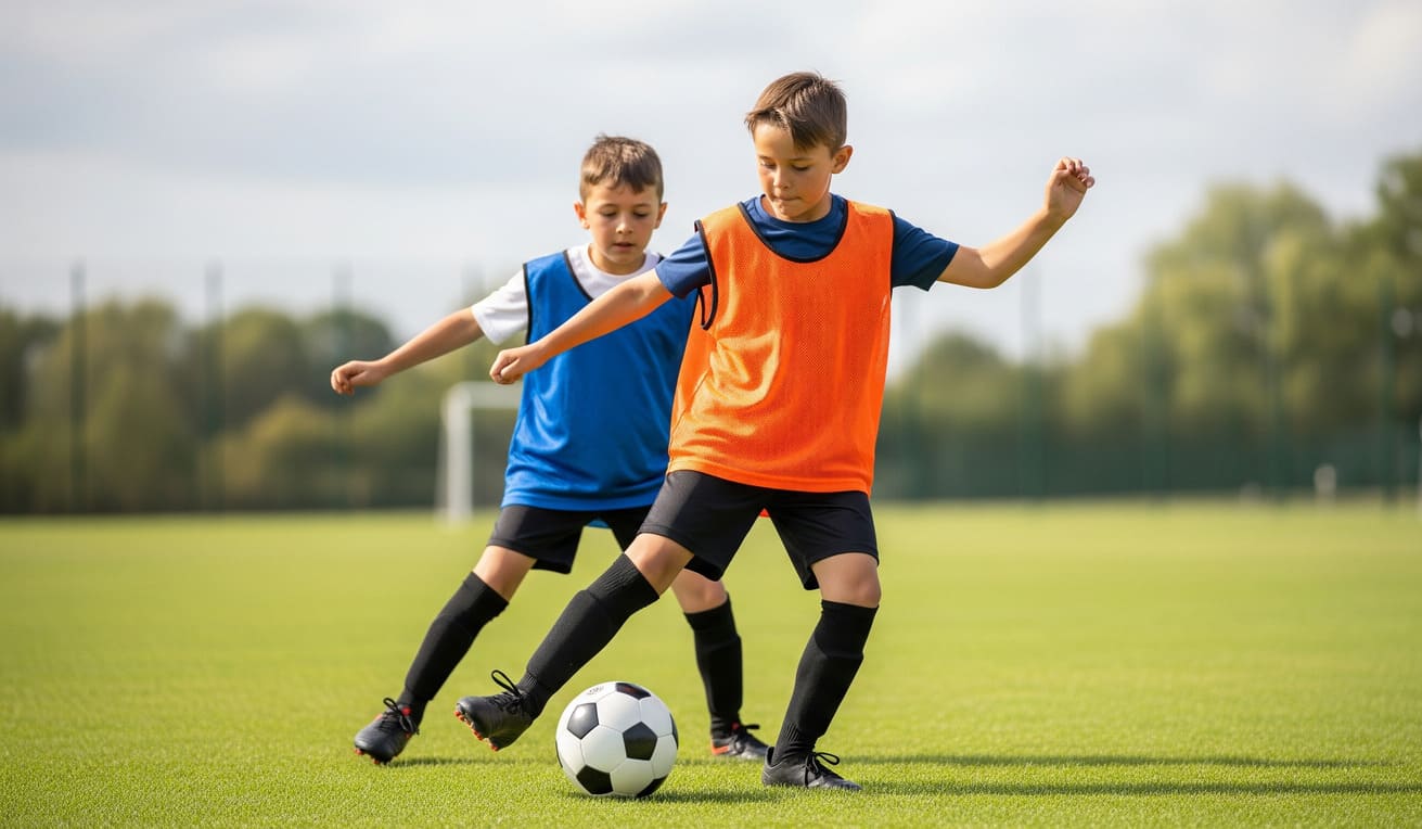 A child in a training bib demonstrates a football interception, stepping in front of an opponent to win the ball cleanly.