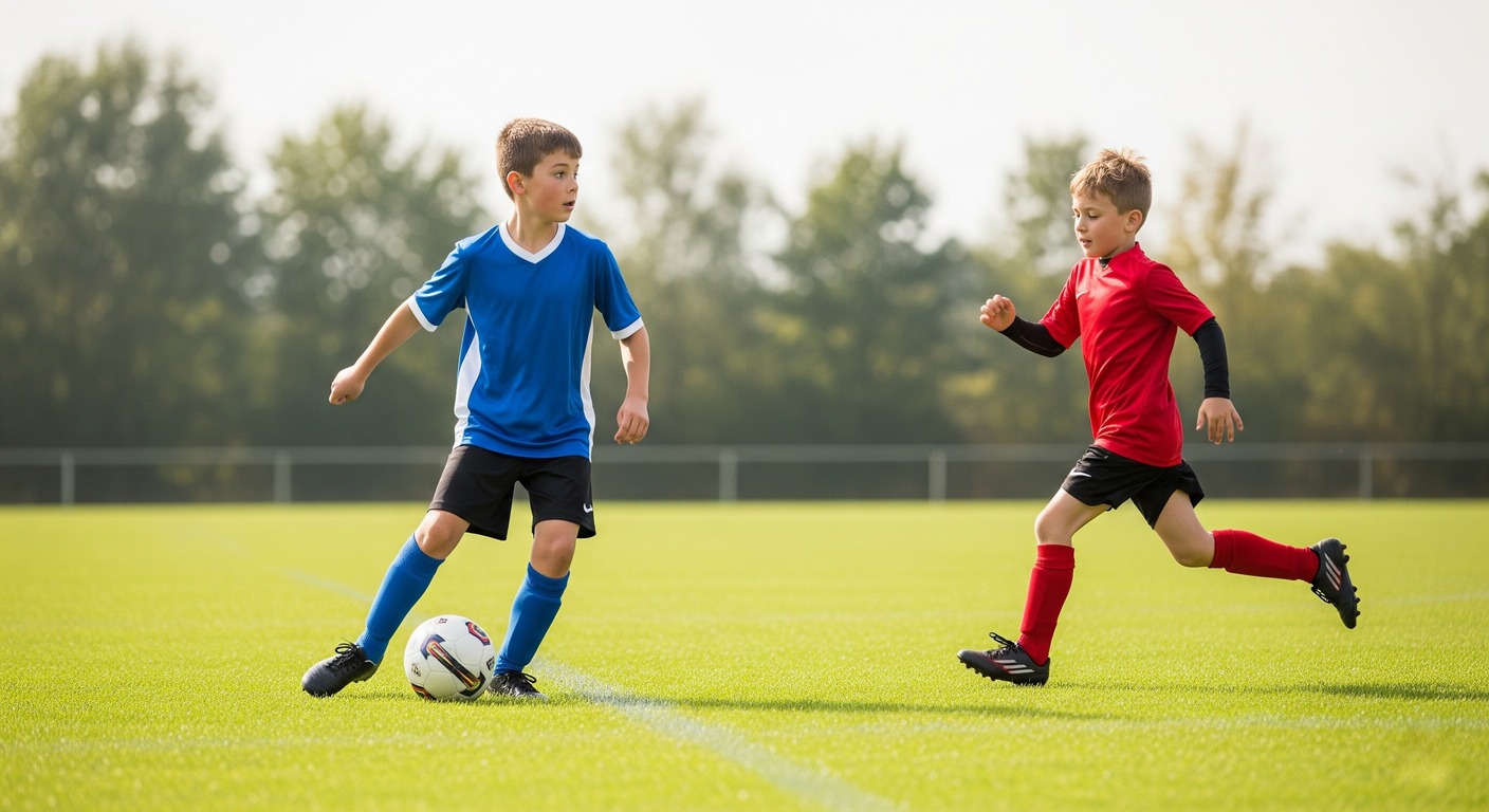 Young footballers demonstrating the movement of an overlap, with one player sprinting wide of the teammate on the ball.
