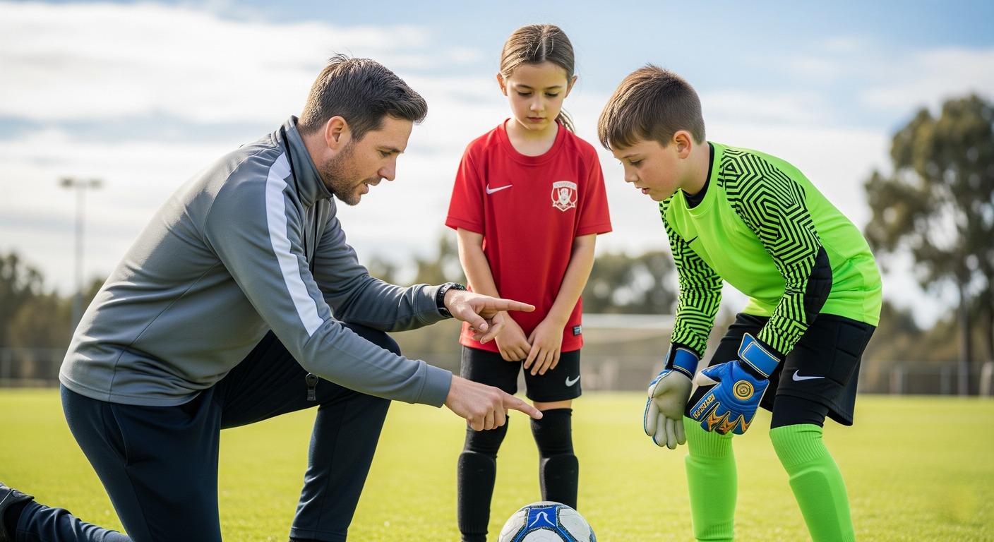 A coach teaching a young defender and goalkeeper how to communicate and execute a safe and effective back pass.