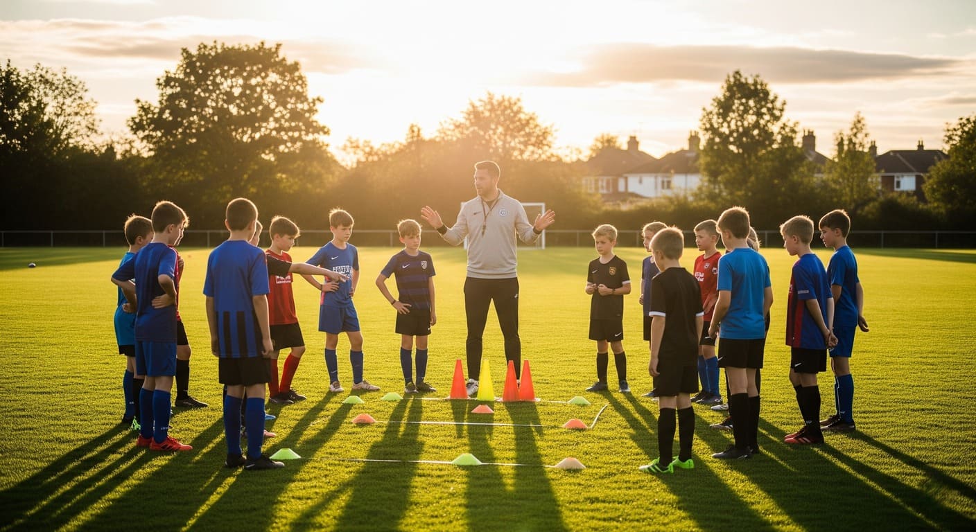 A youth football coach teaching players about positioning and movement within a 9v9 formation during a training drill.