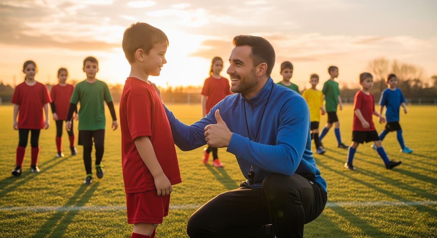 A coach praises a child's effort during a football session, helping to build their self-esteem and resilience.