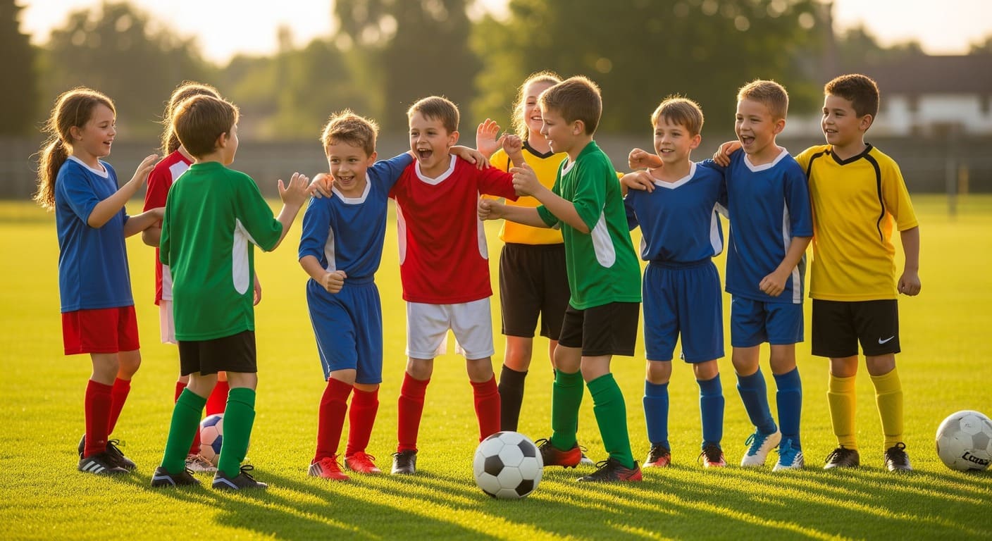 Young footballers building confidence and teamwork after successfully completing a challenging scenario-based drill.