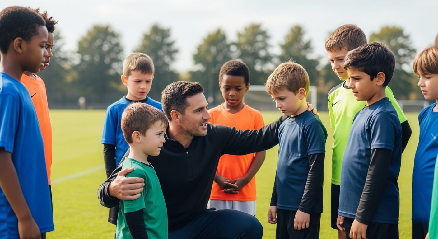 A supportive coach offers encouragement to a young footballer, demonstrating the importance of positive coaching.