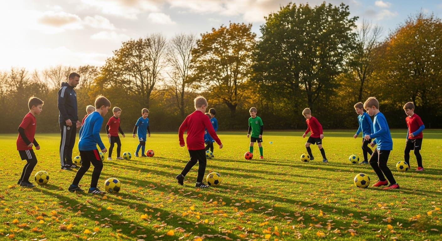 A group of children enjoying seasonal football training during an autumn off-season session.