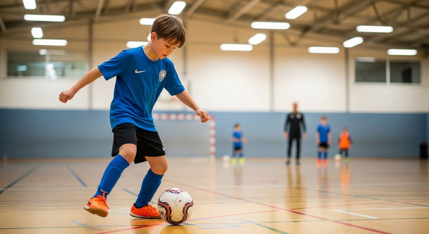 A child aged 4-12 demonstrating excellent close ball control during a futsal training session indoors