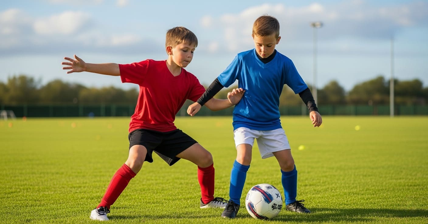 Two children participating in a 1v1 football tackling drill, with the defender learning to time their challenge correctly and safely.
