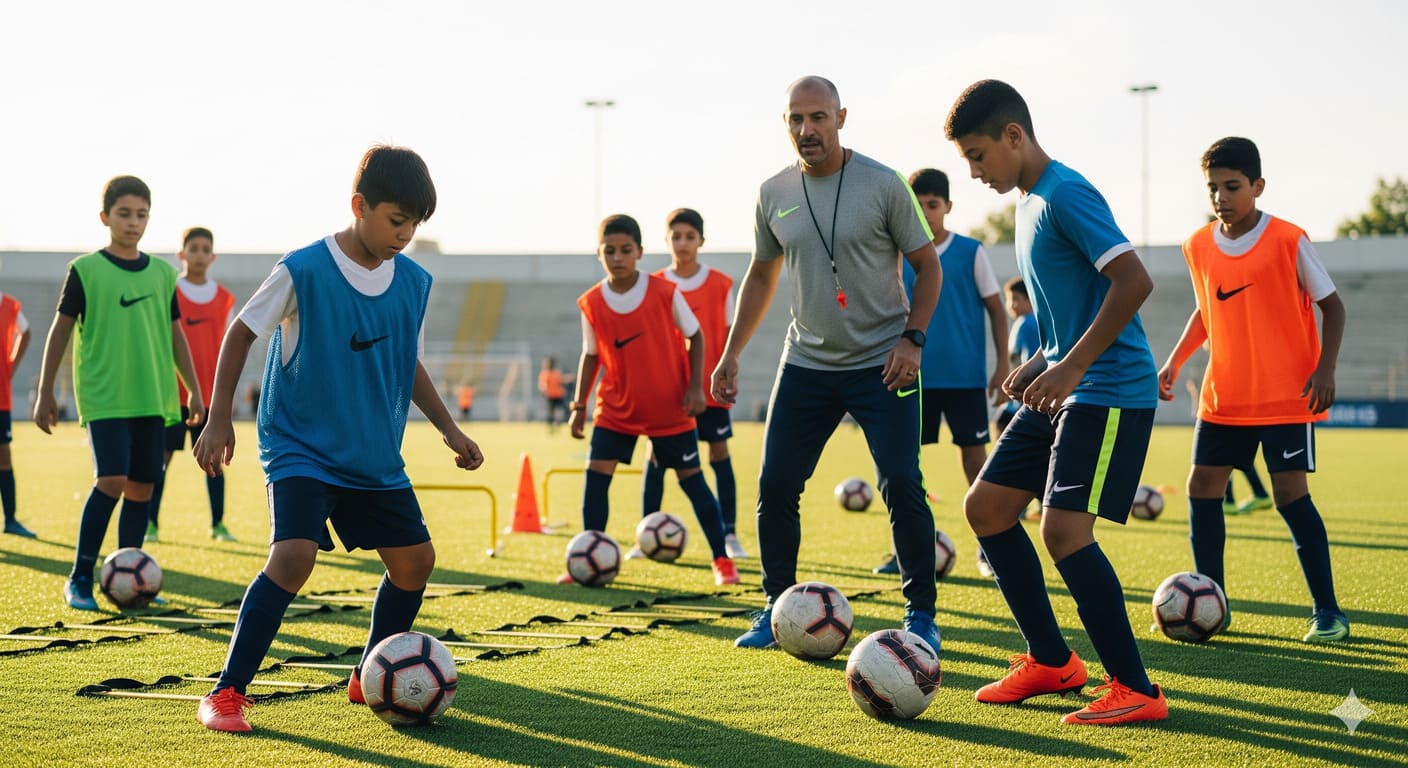 Young footballers in a training session learning Ginga-inspired drills, focusing on hip movement and close ball control to improve their creative skills.