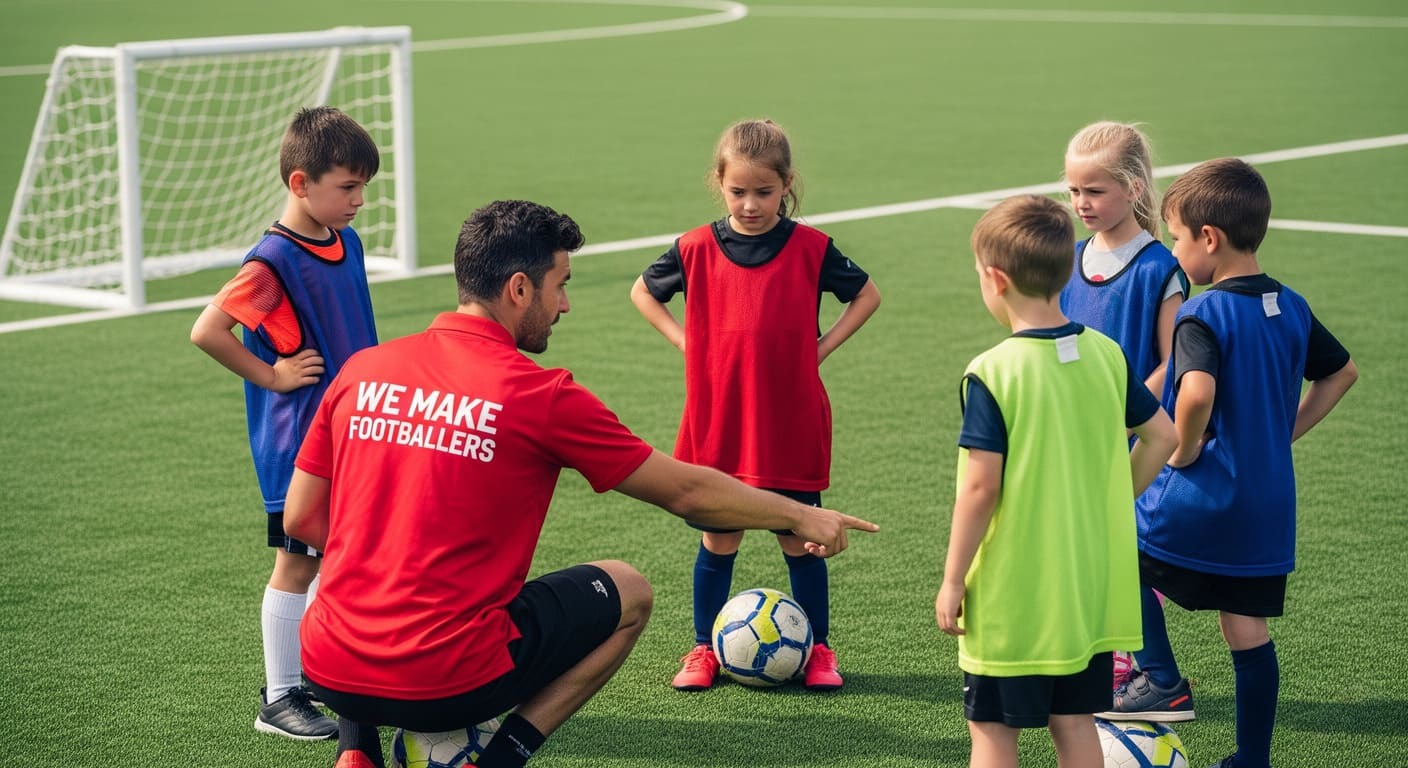 A 'We Make Footballers' coach giving guidance to young players during a rondo training drill, explaining positioning and movement.