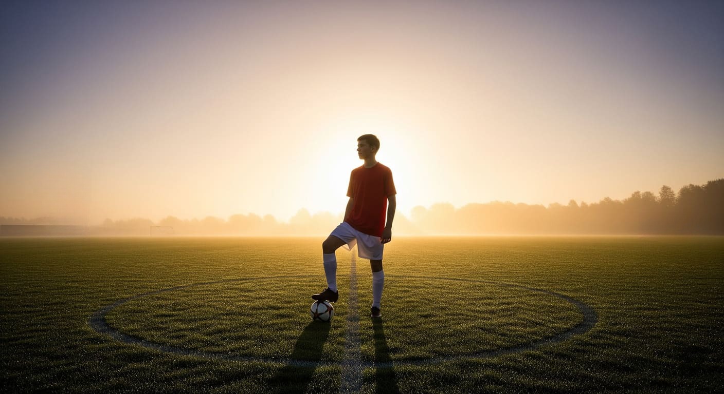 A young footballer stands confidently on the pitch, ready to face the challenges of transitioning to a higher youth league.