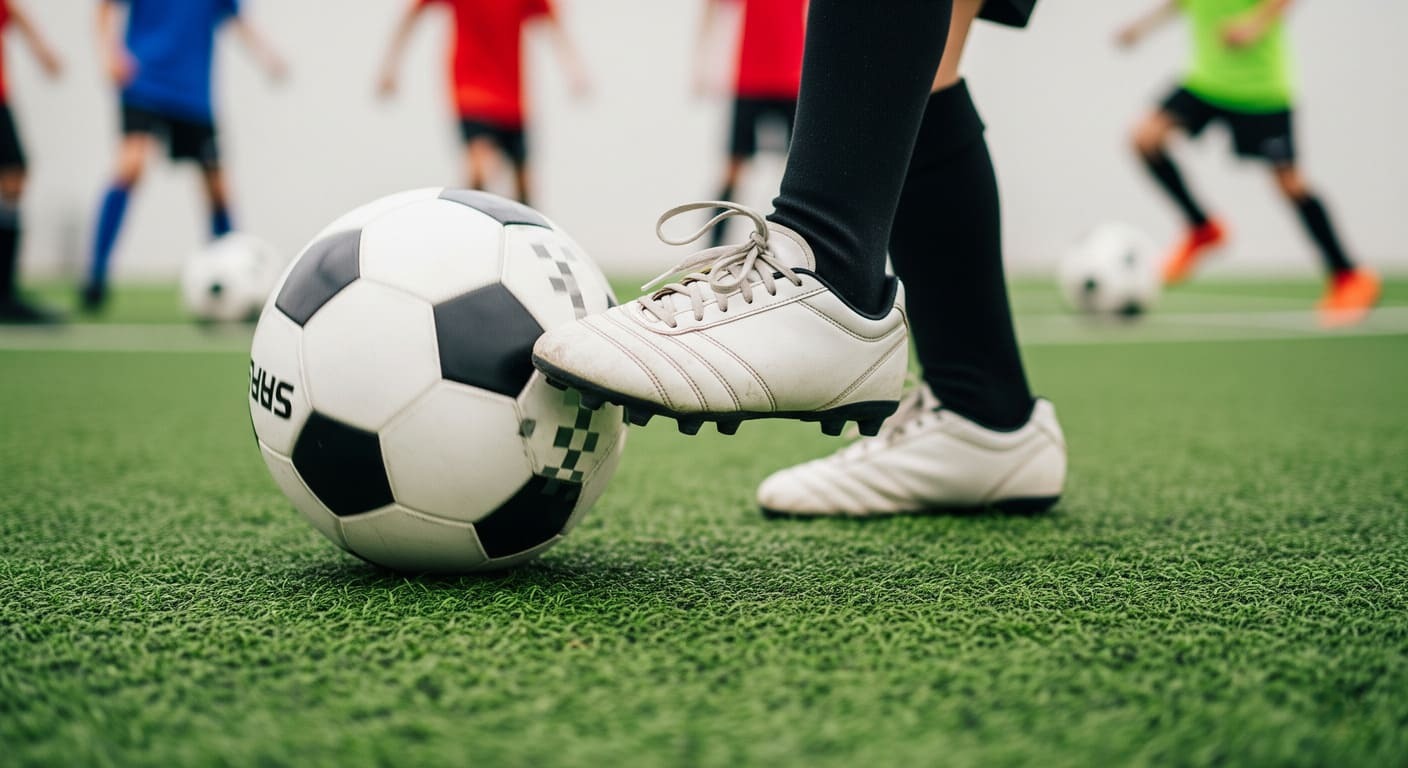 A close-up of a child's boot controlling the football during a fast-paced rondo, highlighting technical skill development in youth training.