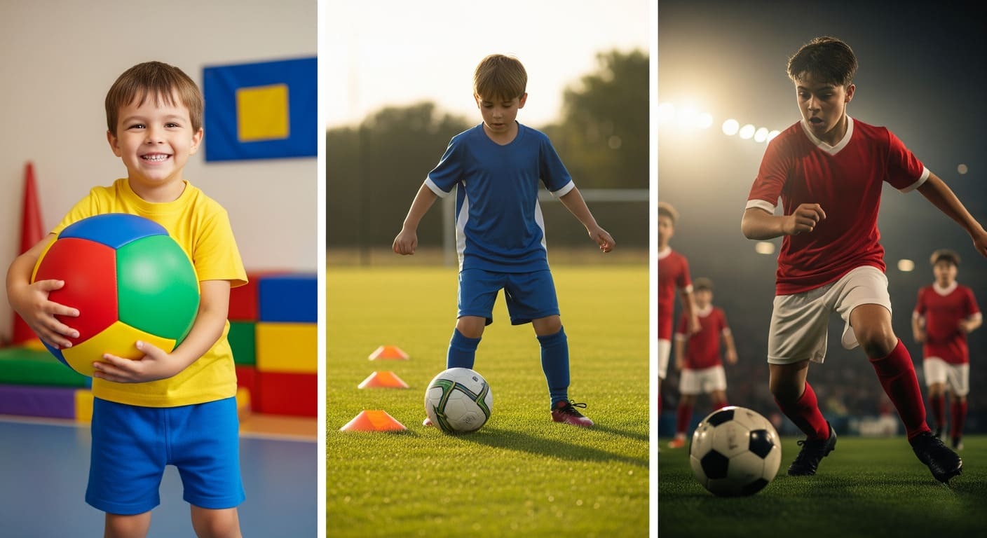 A collage of three football scenes: a 4-year-old with a foam ball, a 9-year-old in a drill, and a teen in a match