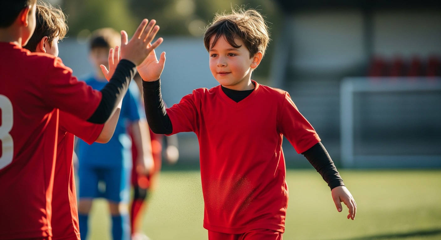 A child in a red football kit high-fives a teammate after scoring a goal, demonstrating how to win with grace and humility.